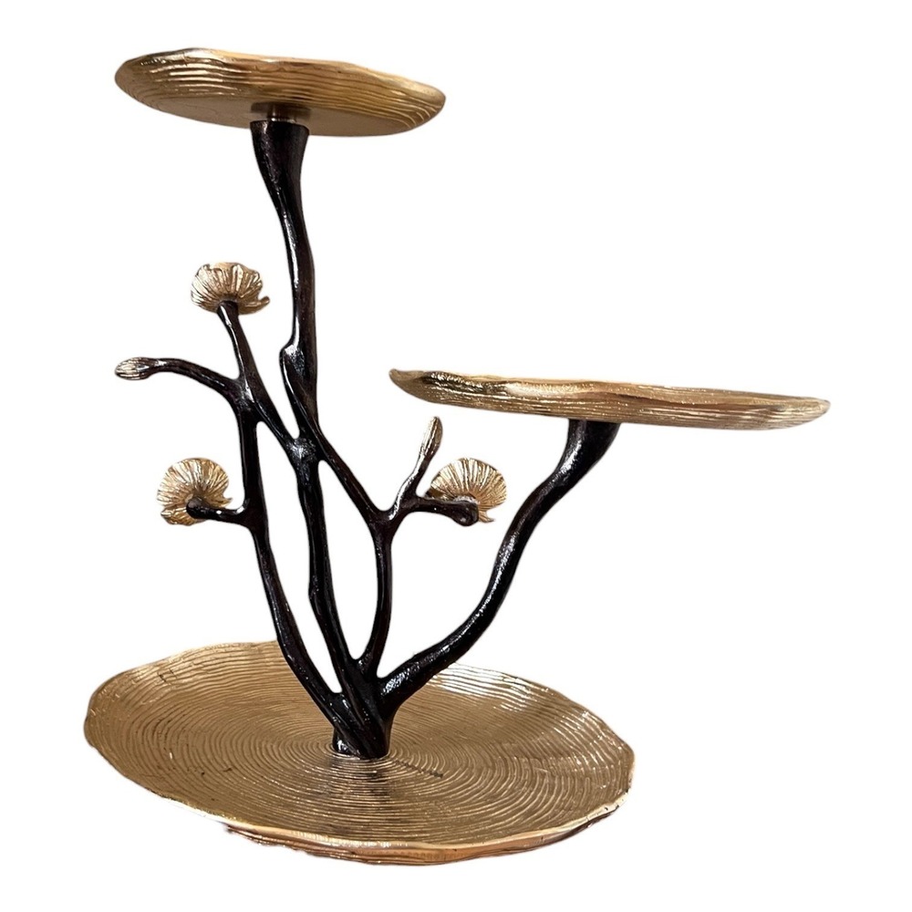 3 Tier Gold Tone Aluminum Botanical Branch Poppy Flower Display Stand 14" - Picture 8 of 11
